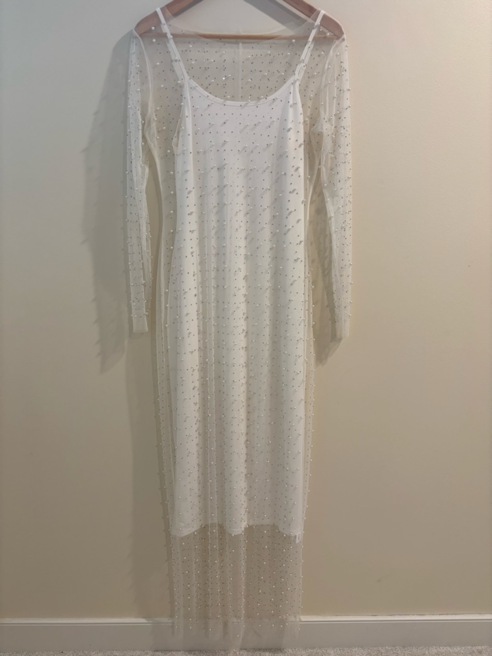 Sheer Beaded White Long-Sleeve Wedding Overlay Dress